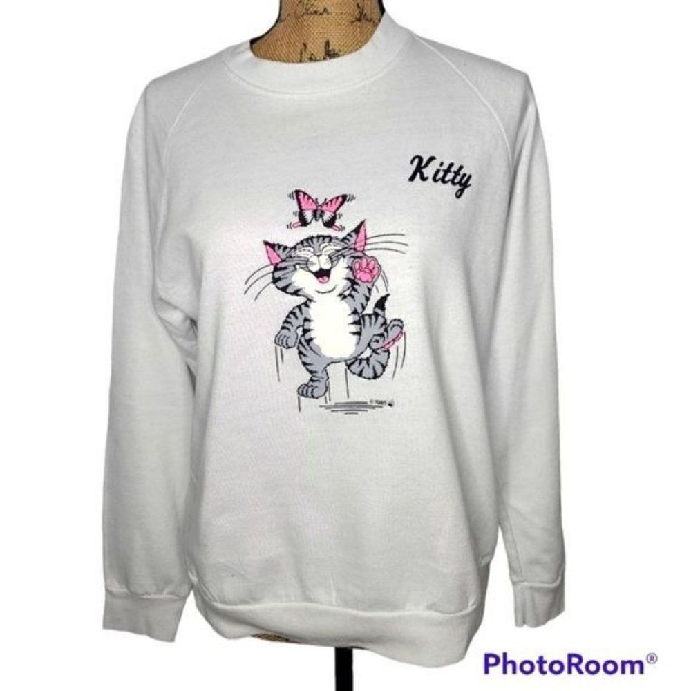 Vintage 80s White Kawaii Kitty Cat Kitten 50/50 blend Crewneck Sweatshirt